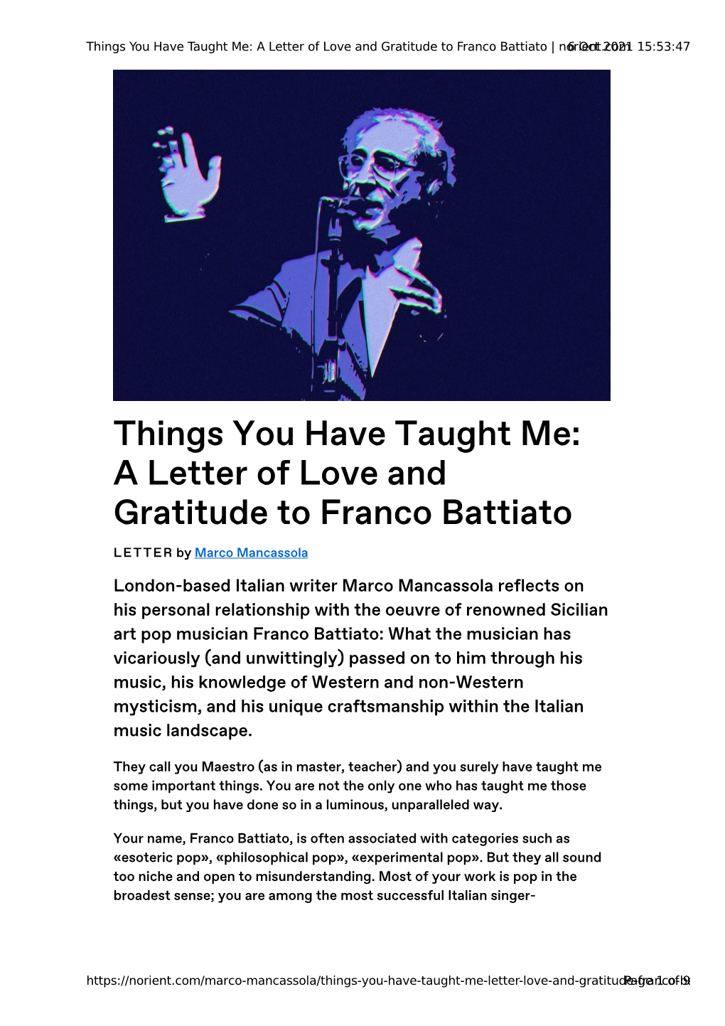 A Letter of Love and Gratitude to Franco Battiato | No6r Ioecntt .2C0o2m1 15:53:47