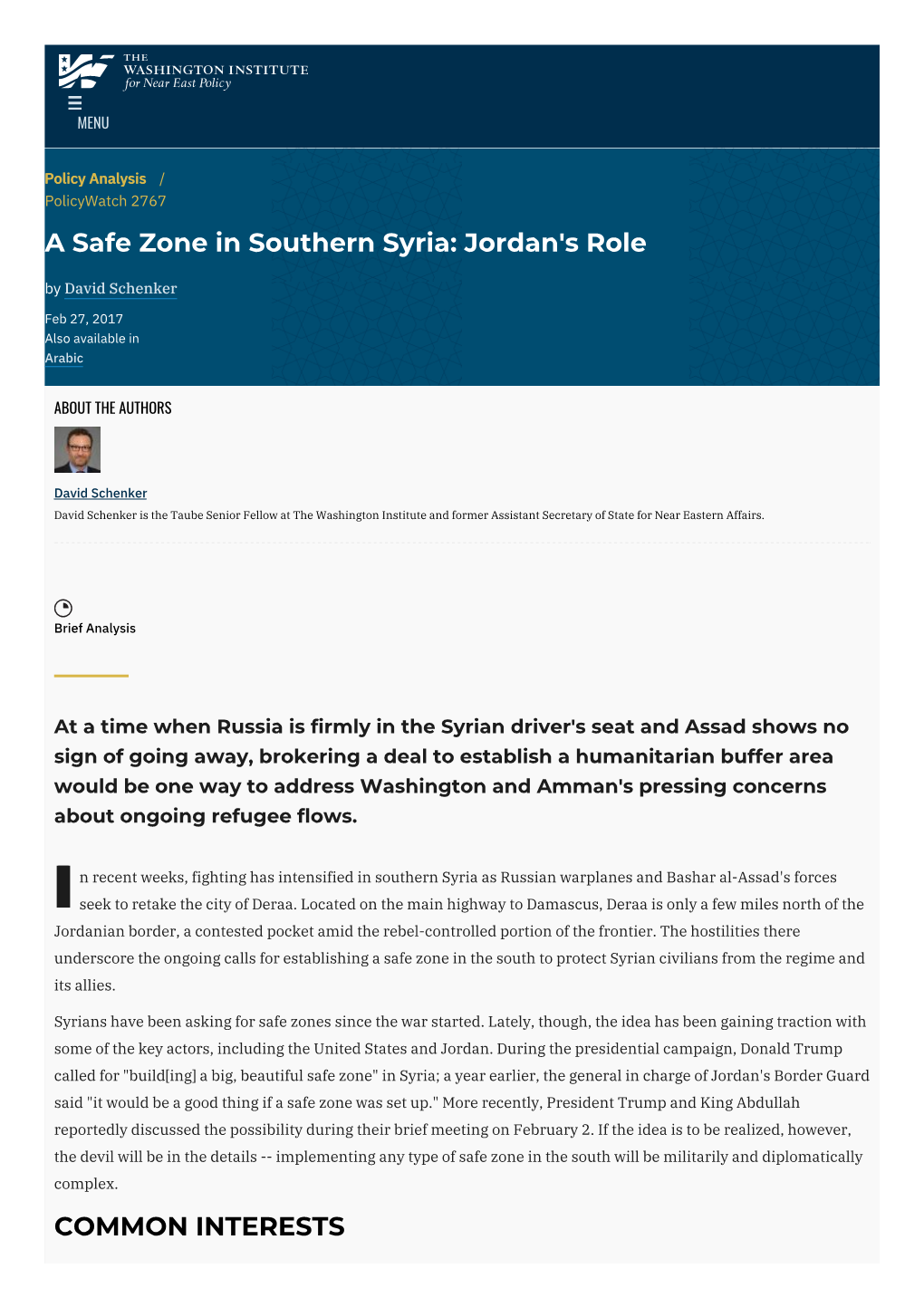 A Safe Zone in Southern Syria: Jordan's Role | the Washington Institute