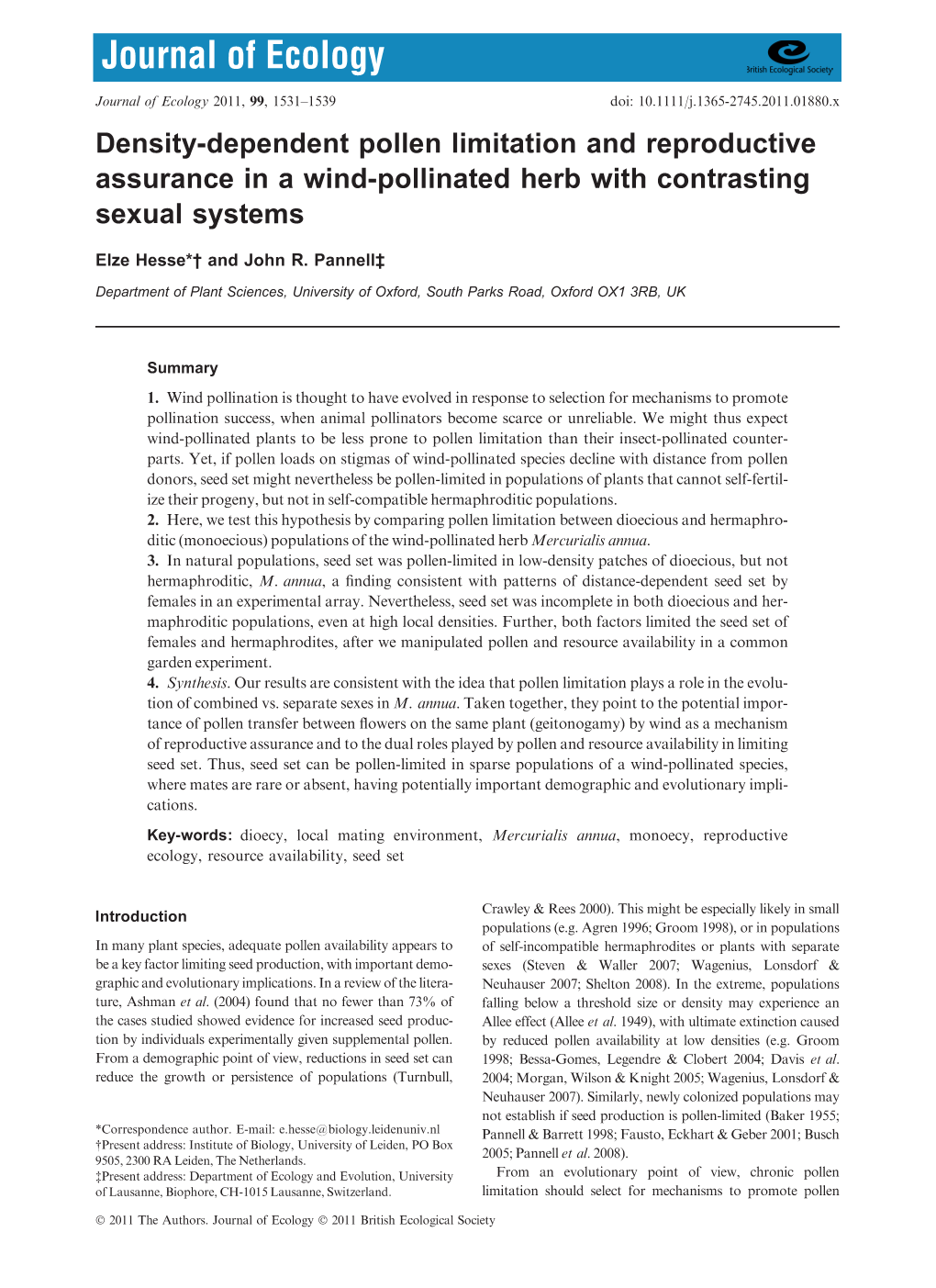 Densitydependent Pollen Limitation and Reproductive Assurance in A