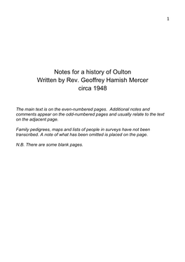 Notes for a History of Oulton Written by Rev. Geoffrey Hamish Mercer Circa 1948