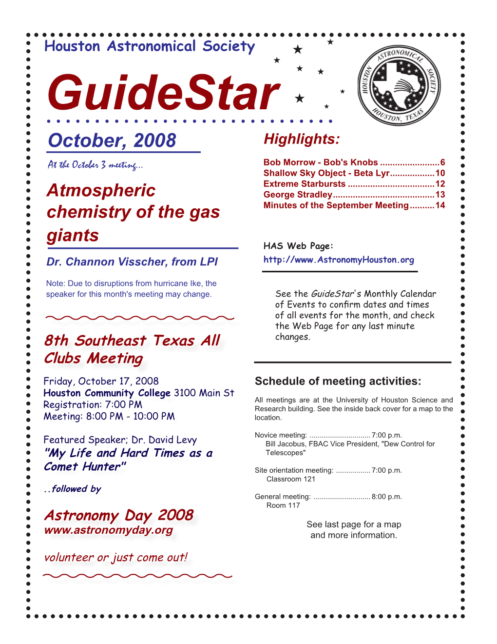 Guidestar  October, 2008 Highlights: at the October 3 Meeting