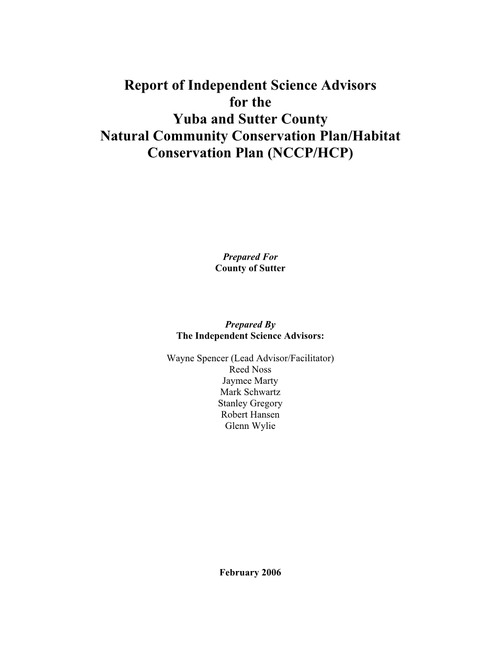 Yuba and Sutter County Natural Community Conservation Plan/Habitat Conservation Plan (NCCP/HCP)