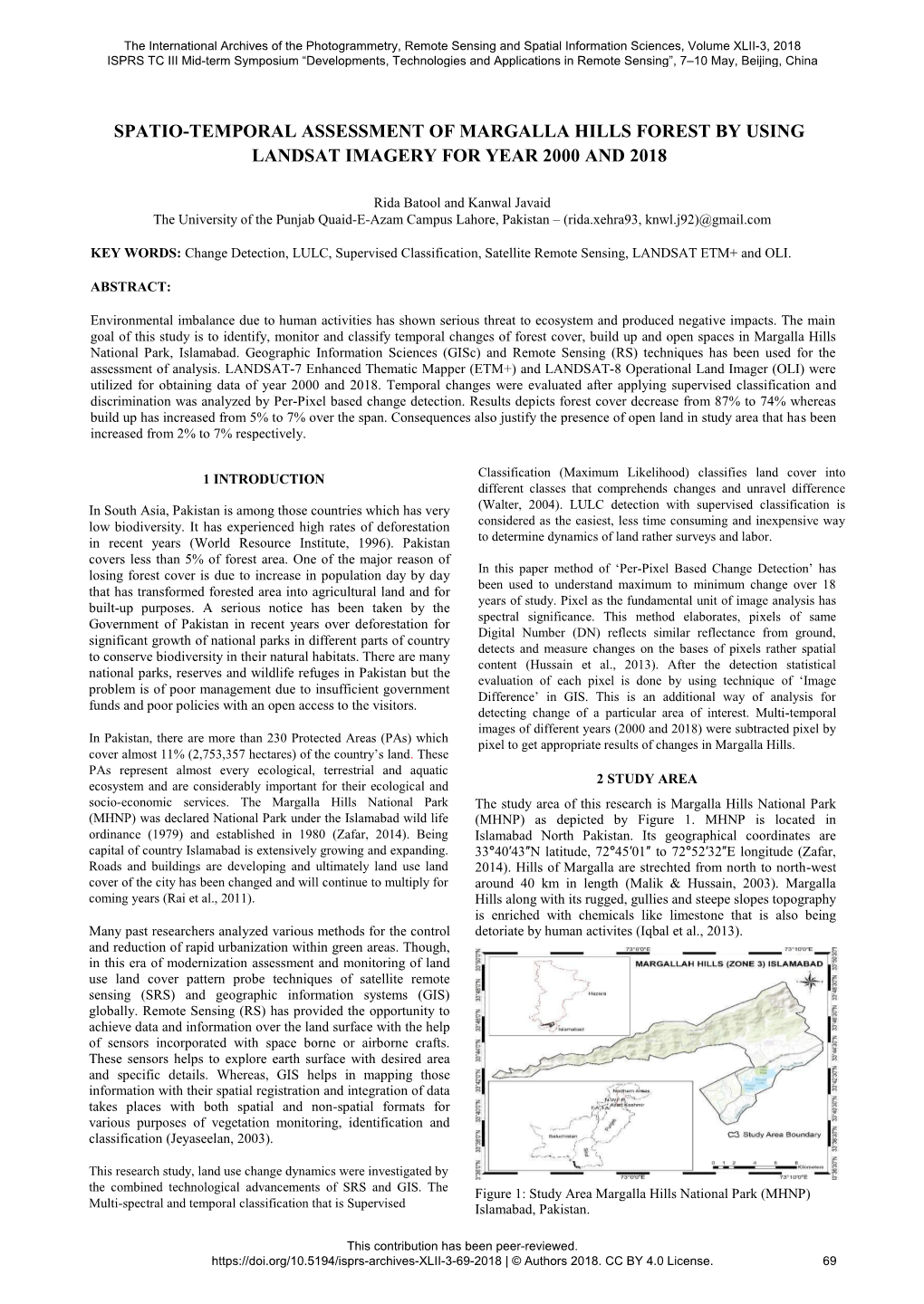 Spatio-Temporal Assessment of Margalla Hills Forest by Using Landsat Imagery for Year 2000 and 2018