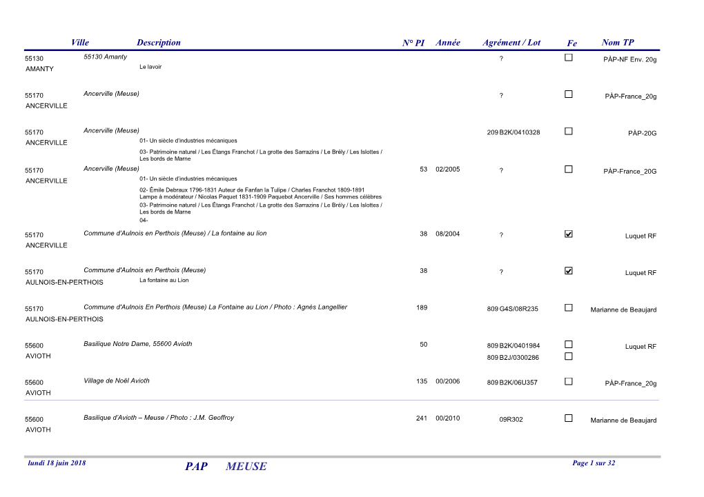 PAP MEUSE Page 1 Sur 32 Ville Description N° PI Année Agrément / Lot Fe Nom TP