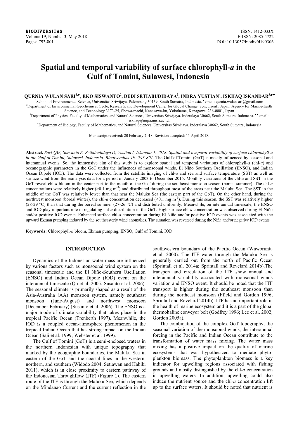 Spatial and Temporal Variability of Surface Chlorophyll-A in the Gulf of Tomini, Sulawesi, Indonesia