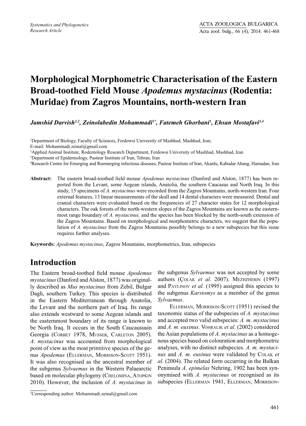 Morphological Morphometric Characterisation of the Eastern Broad-Toothed Field Mouse Apodemus Mystacinus (Rodentia: Muridae) from Zagros Mountains, North-Western Iran