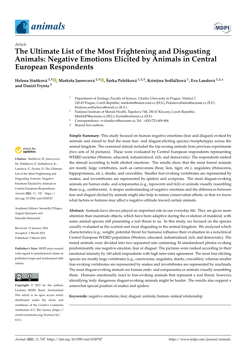 The Ultimate List of the Most Frightening and Disgusting Animals: Negative Emotions Elicited by Animals in Central European Respondents