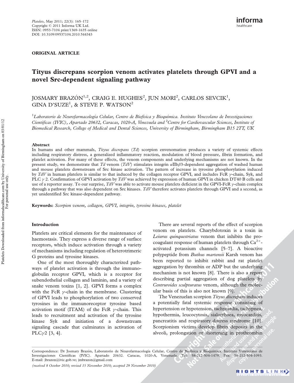 Tityus Discrepans Scorpion Venom Activates Platelets Through GPVI and a Novel Src-Dependent Signaling Pathway