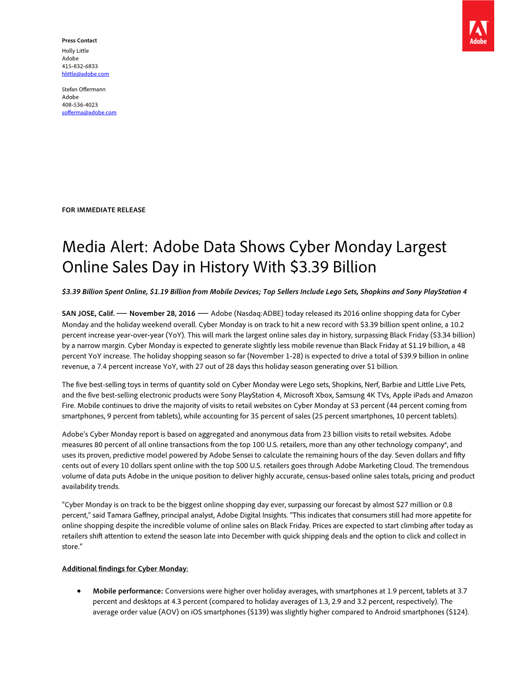 Adobe Data Shows Cyber Monday Largest Online Sales Day in History with $3.39 Billion