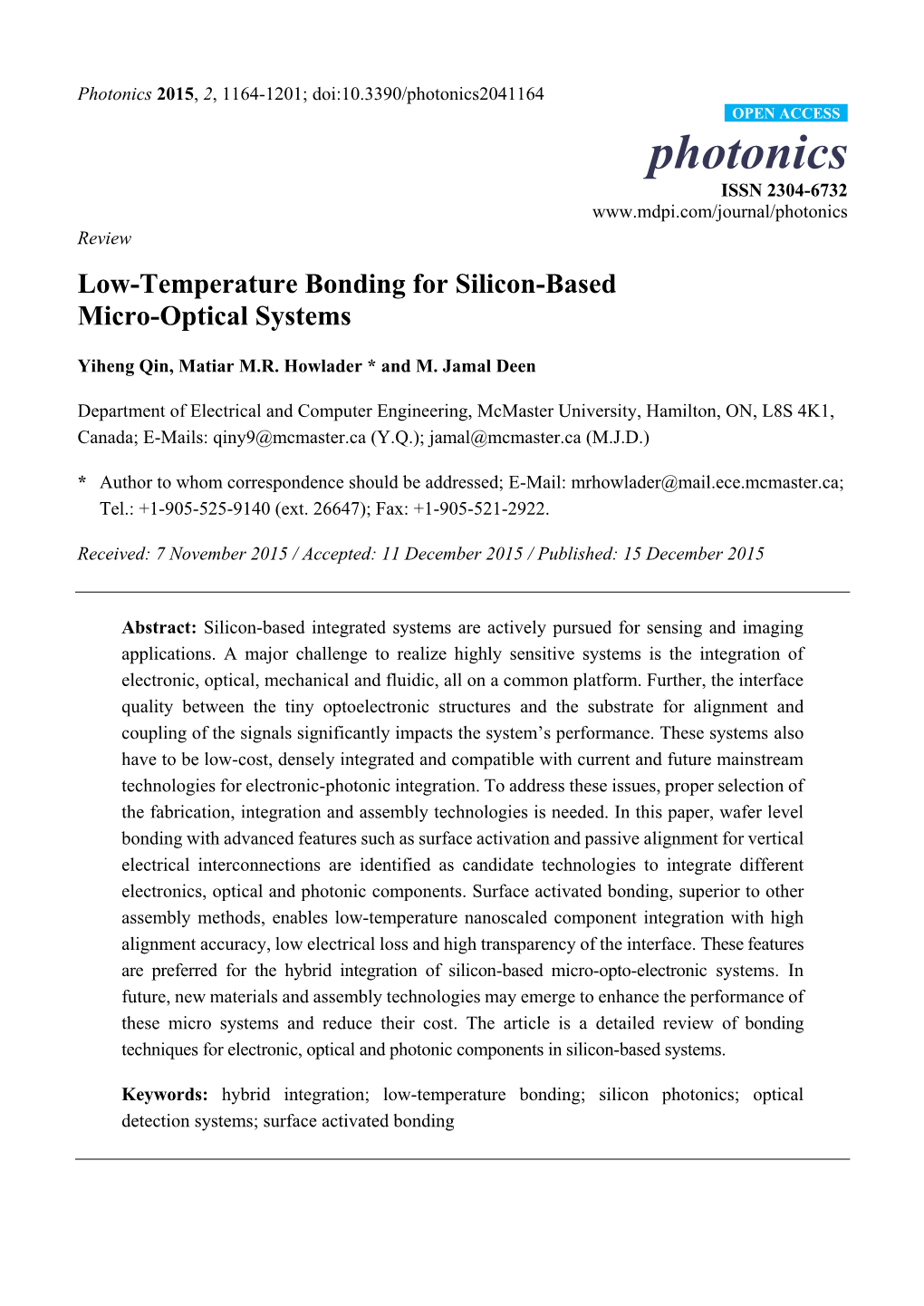 Low-Temperature Bonding for Silicon-Based Micro-Optical Systems