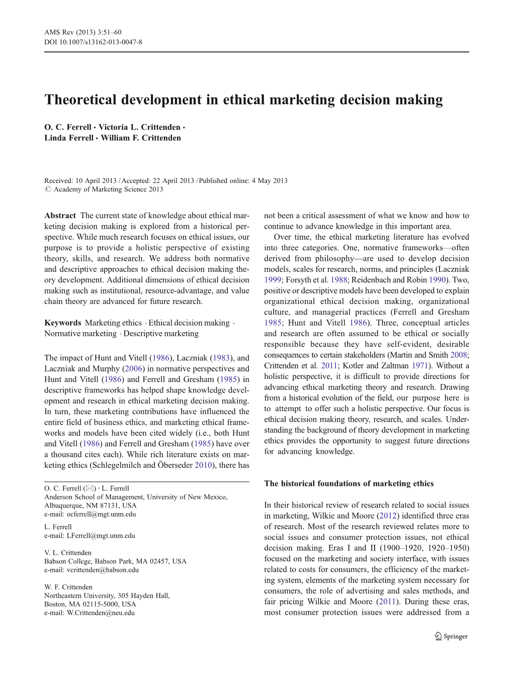 Theoretical Development in Ethical Marketing Decision Making