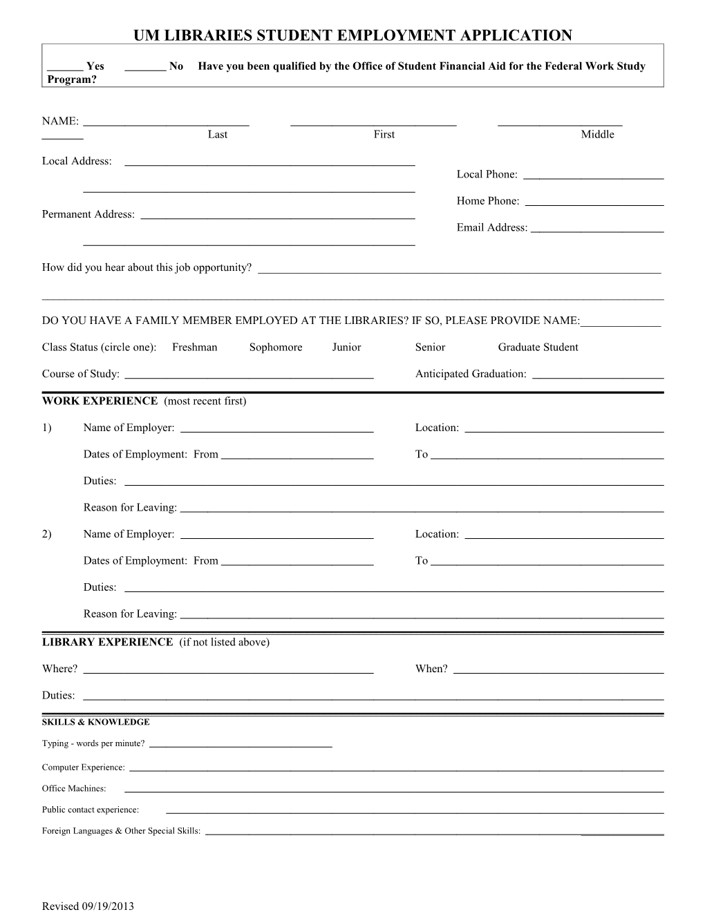 Um Libraries Student Employment Application