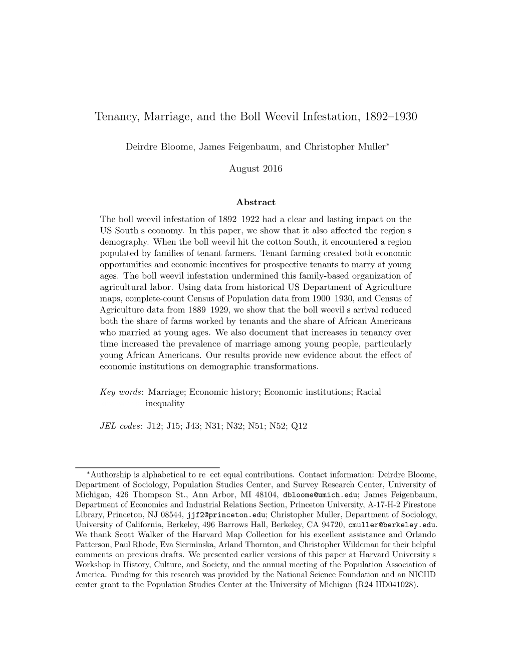 Tenancy, Marriage, and the Boll Weevil Infestation, 1892–1930