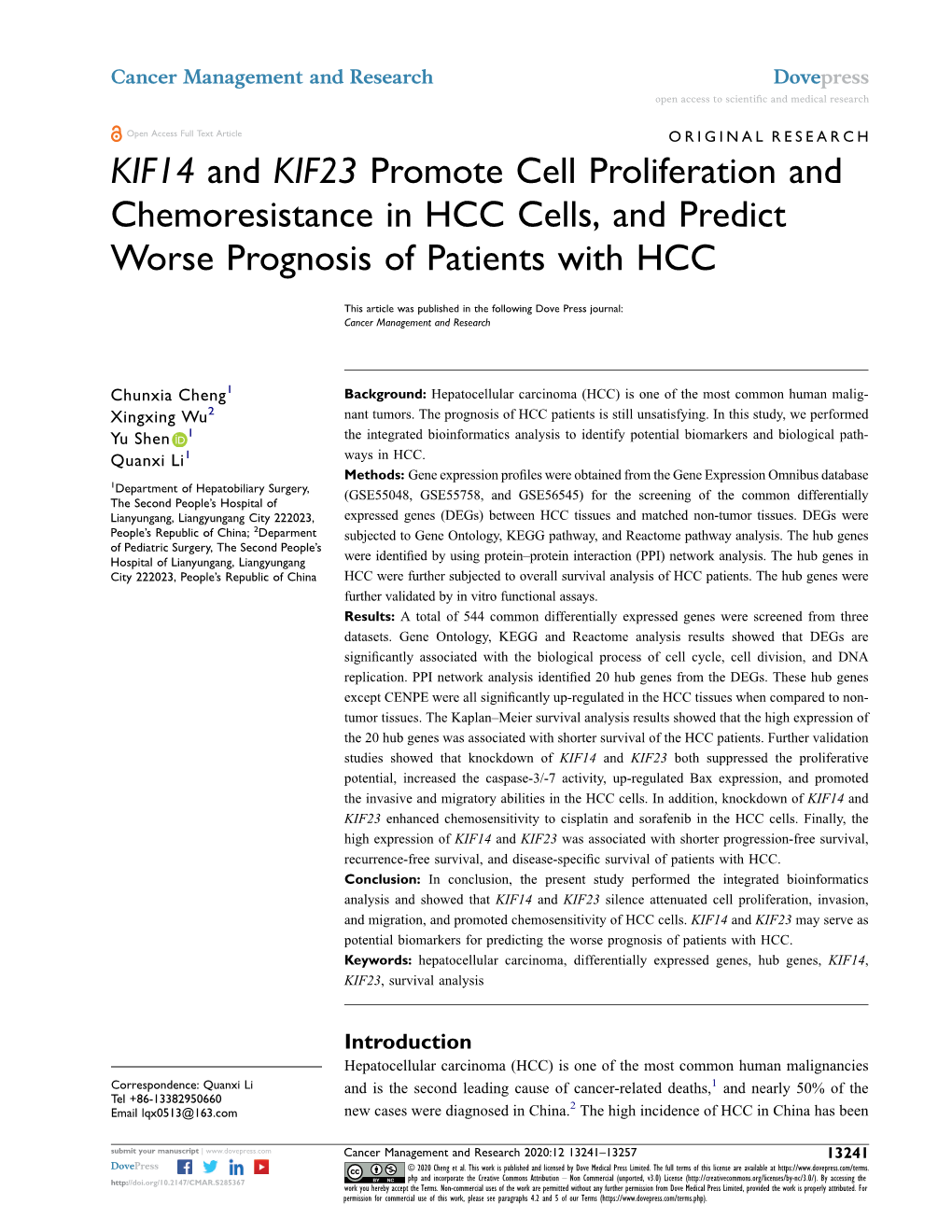 KIF14 and KIF23 Promote Cell Proliferation and Chemoresistance in HCC Cells, and Predict Worse Prognosis of Patients with HCC