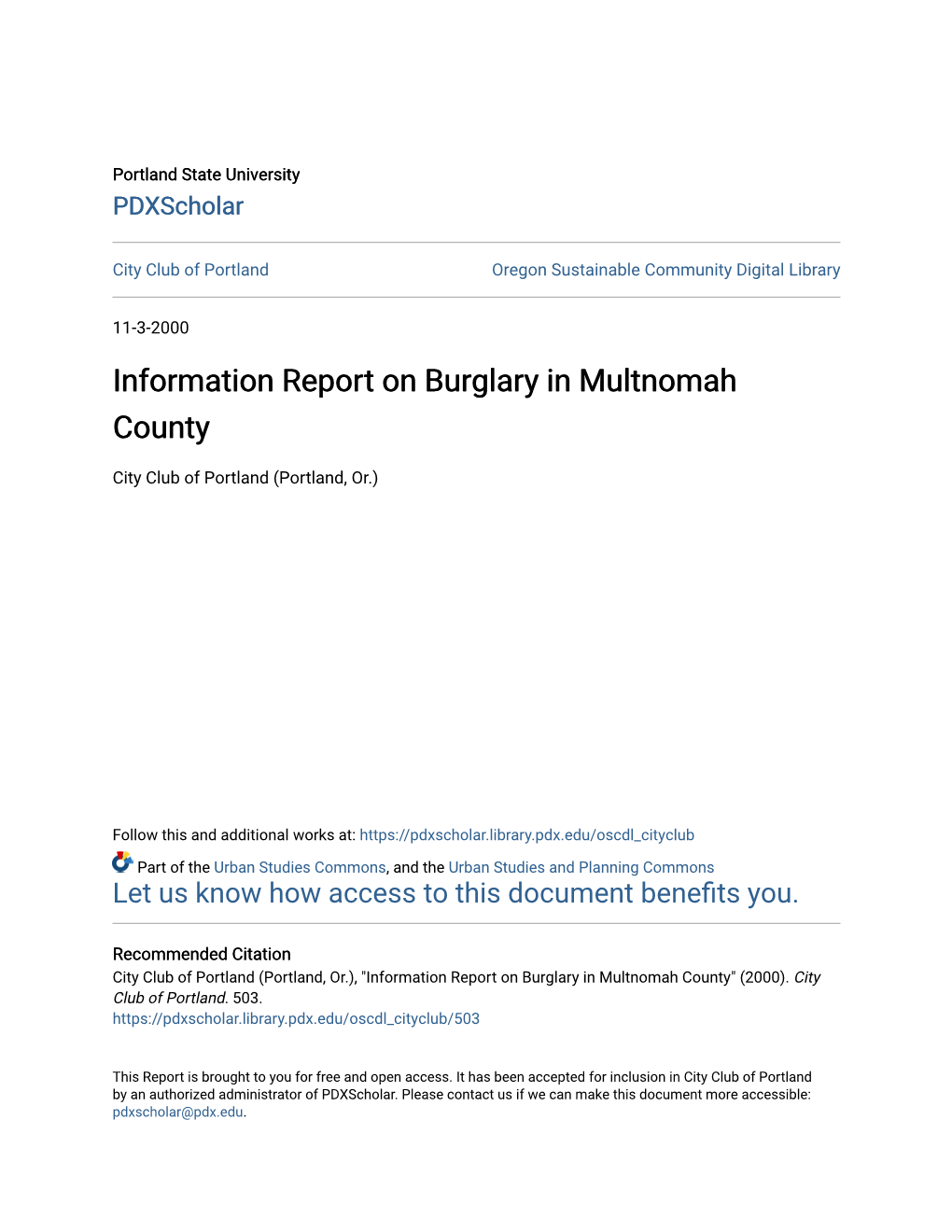 Information Report on Burglary in Multnomah County