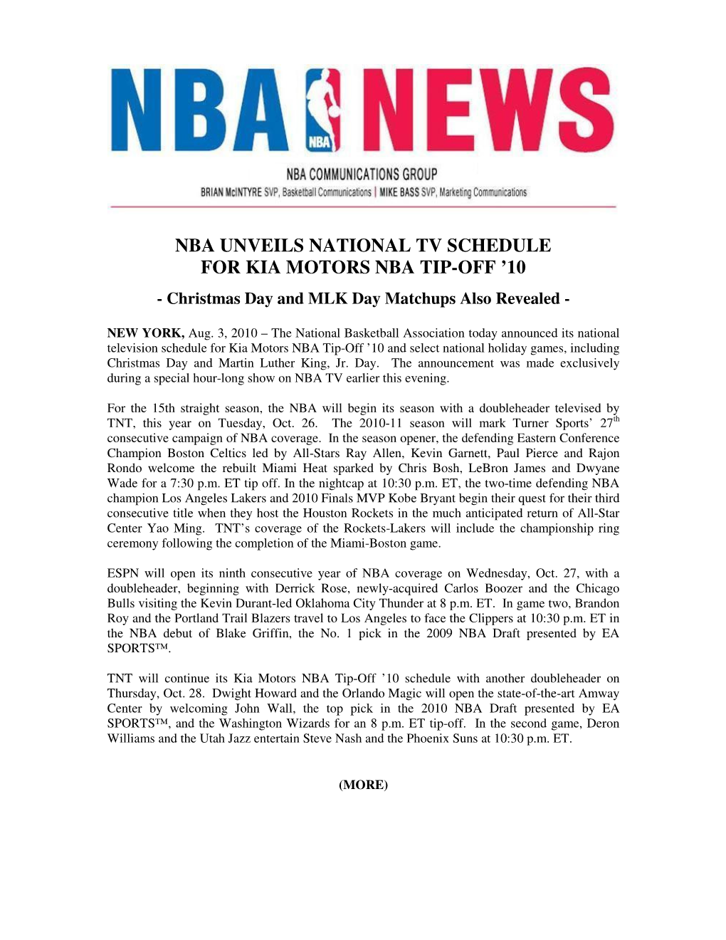 Nba Unveils National Tv Schedule for Kia Motors Nba Tip-Off ’10