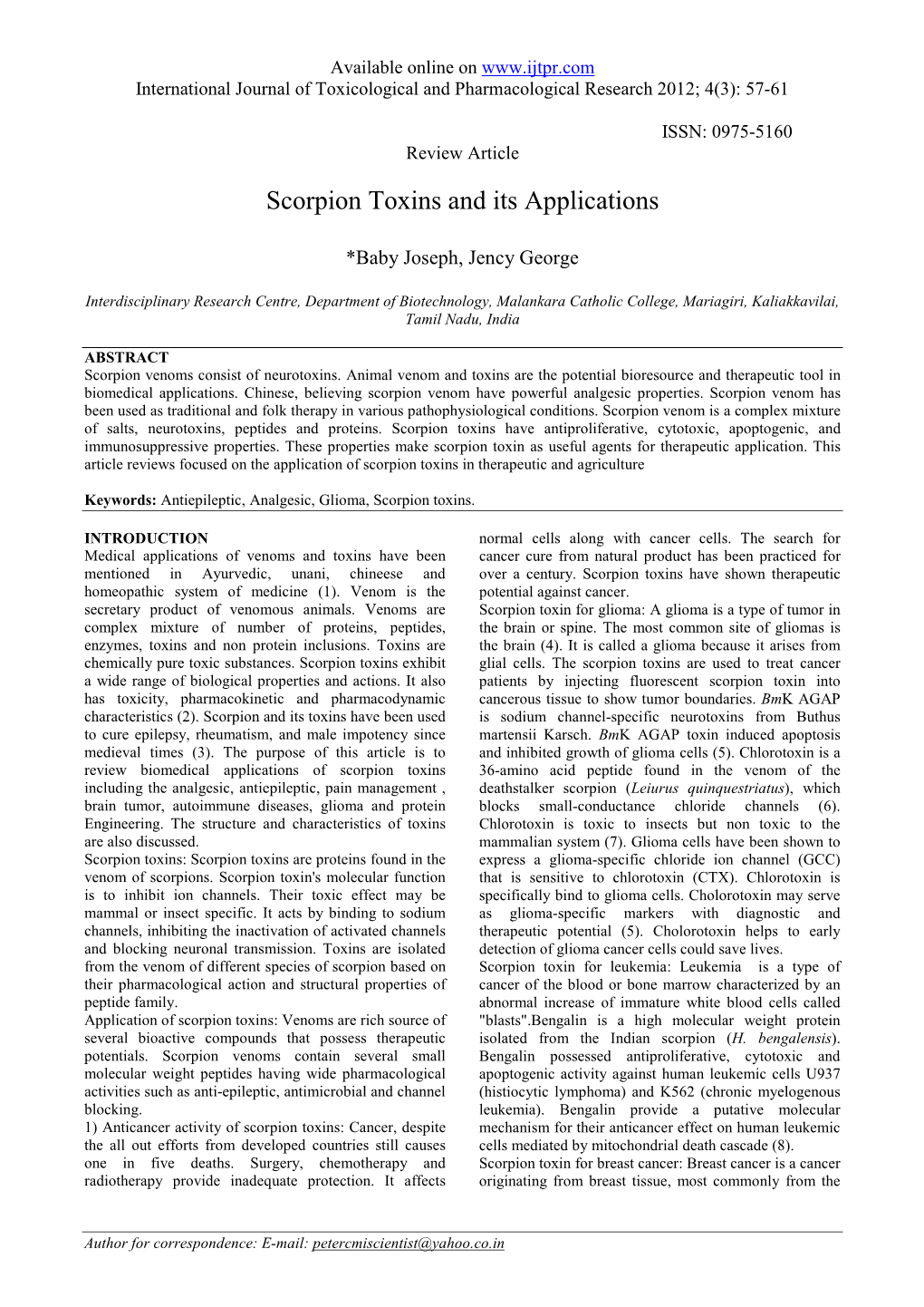 Scorpion Toxins Applications