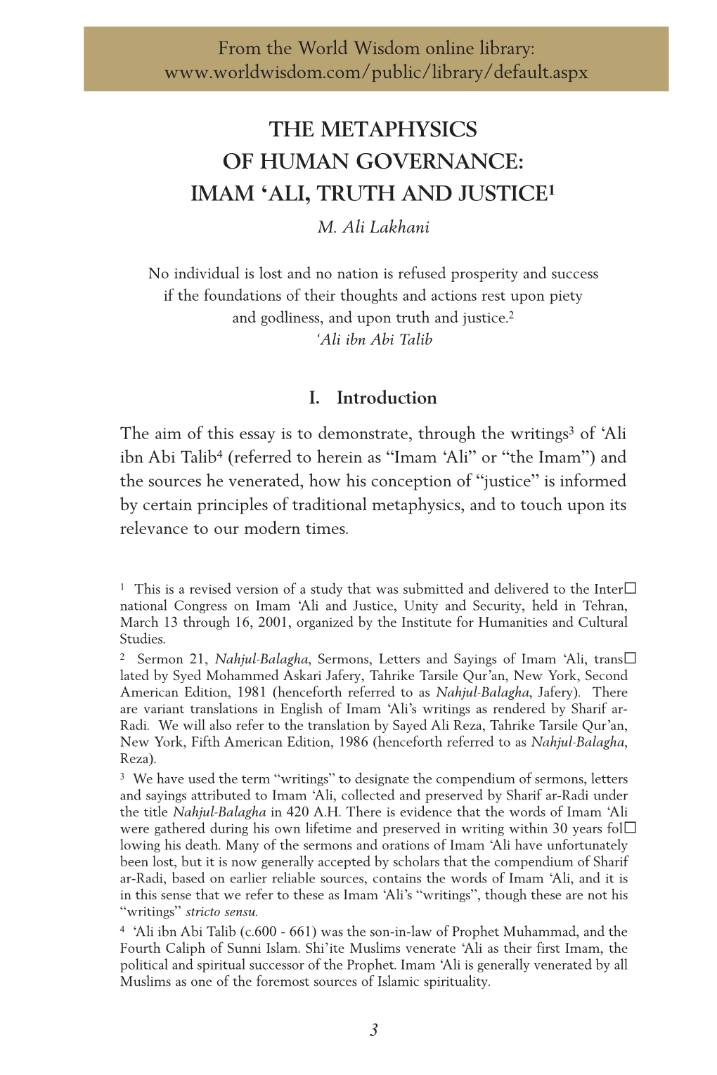 "The Metaphysics of Human Governance: Imam 'Ali, Truth And