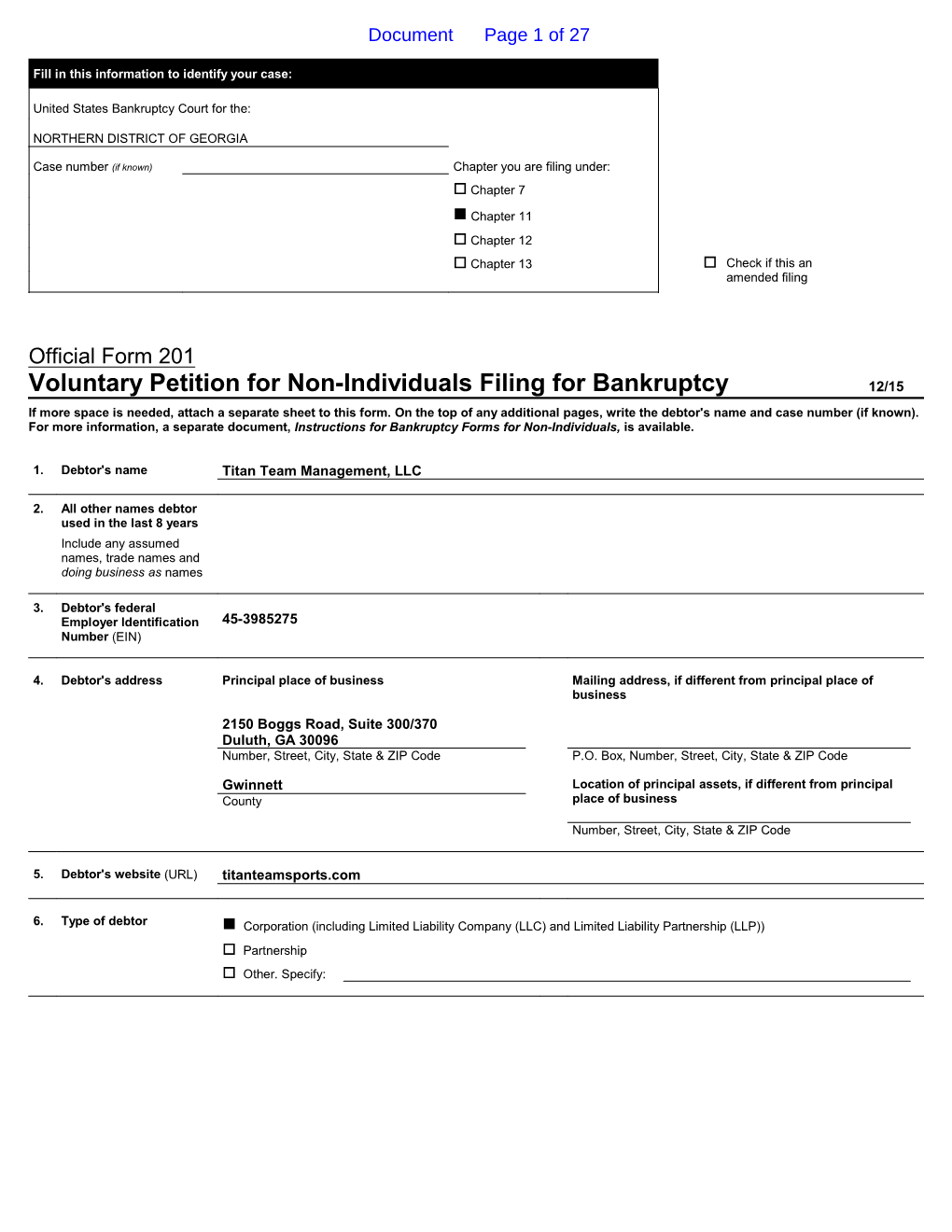 Voluntary Petition for Non-Individuals Filing for Bankruptcy 12/15 If More Space Is Needed, Attach a Separate Sheet to This Form