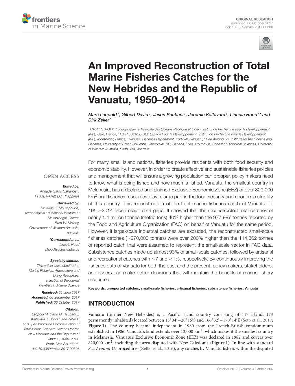 An Improved Reconstruction of Total Marine Fisheries Catches for the New Hebrides and the Republic of Vanuatu, 1950–2014