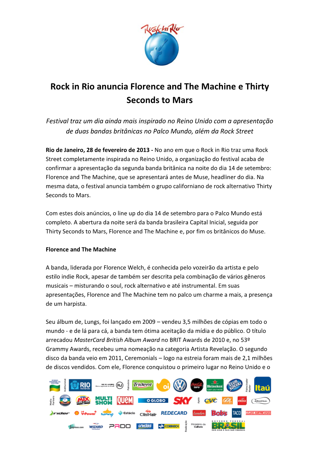 Rock in Rio Anuncia Florence and the Machine E Thirty Seconds to Mars