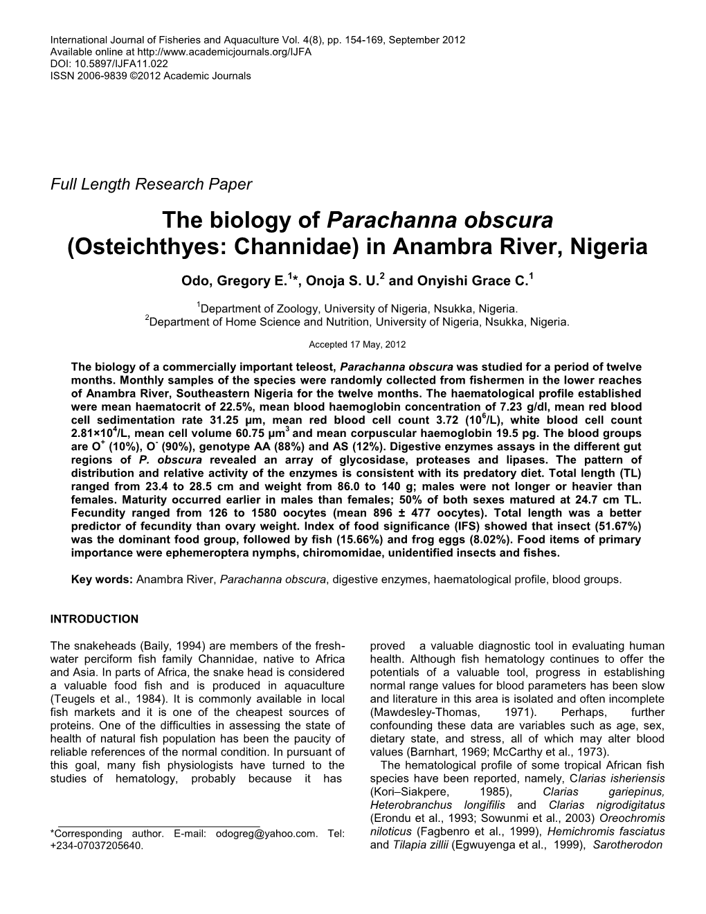 The Biology of Parachanna Obscura (Osteichthyes: Channidae) in Anambra River, Nigeria