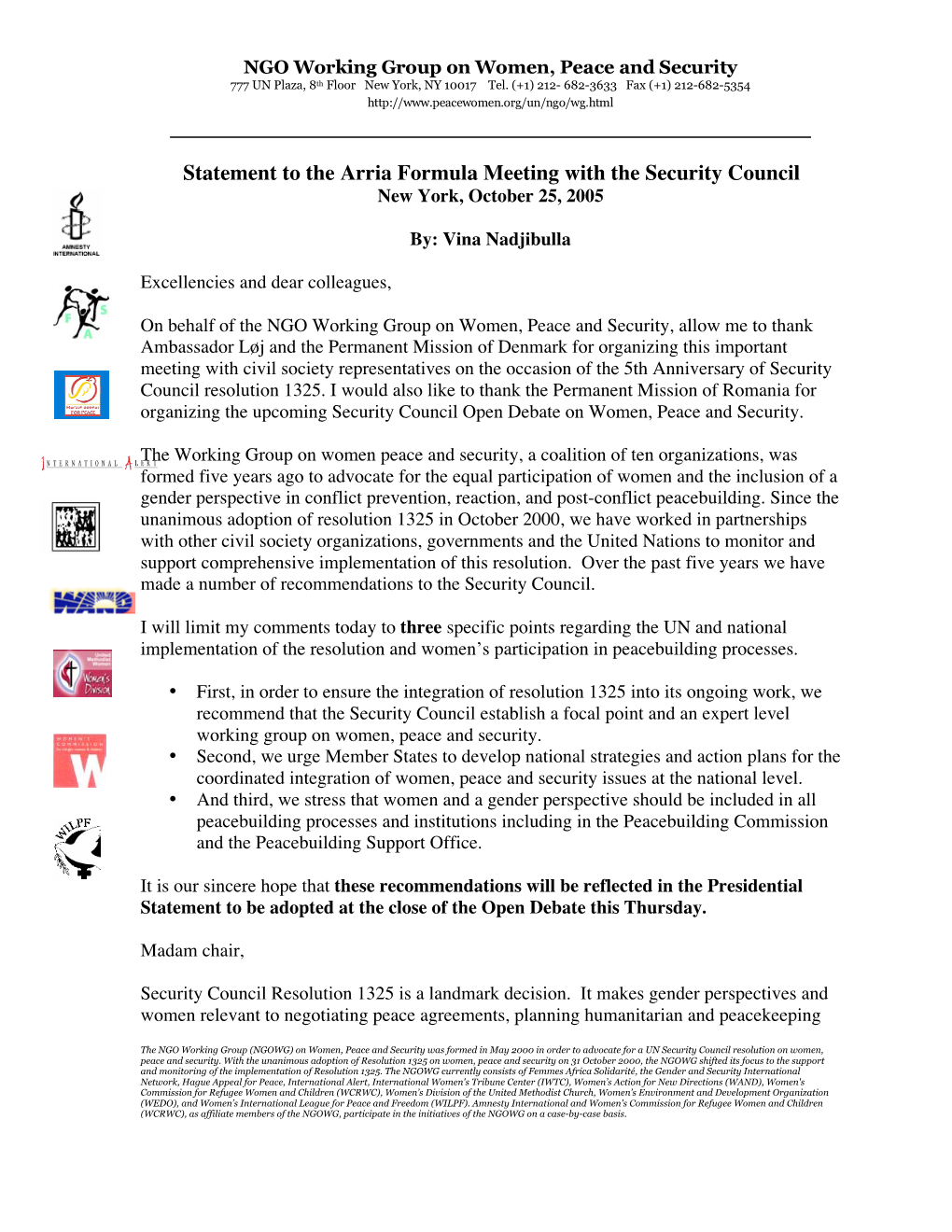 Statement to the Arria Formula Meeting with the Security Council New York, October 25, 2005