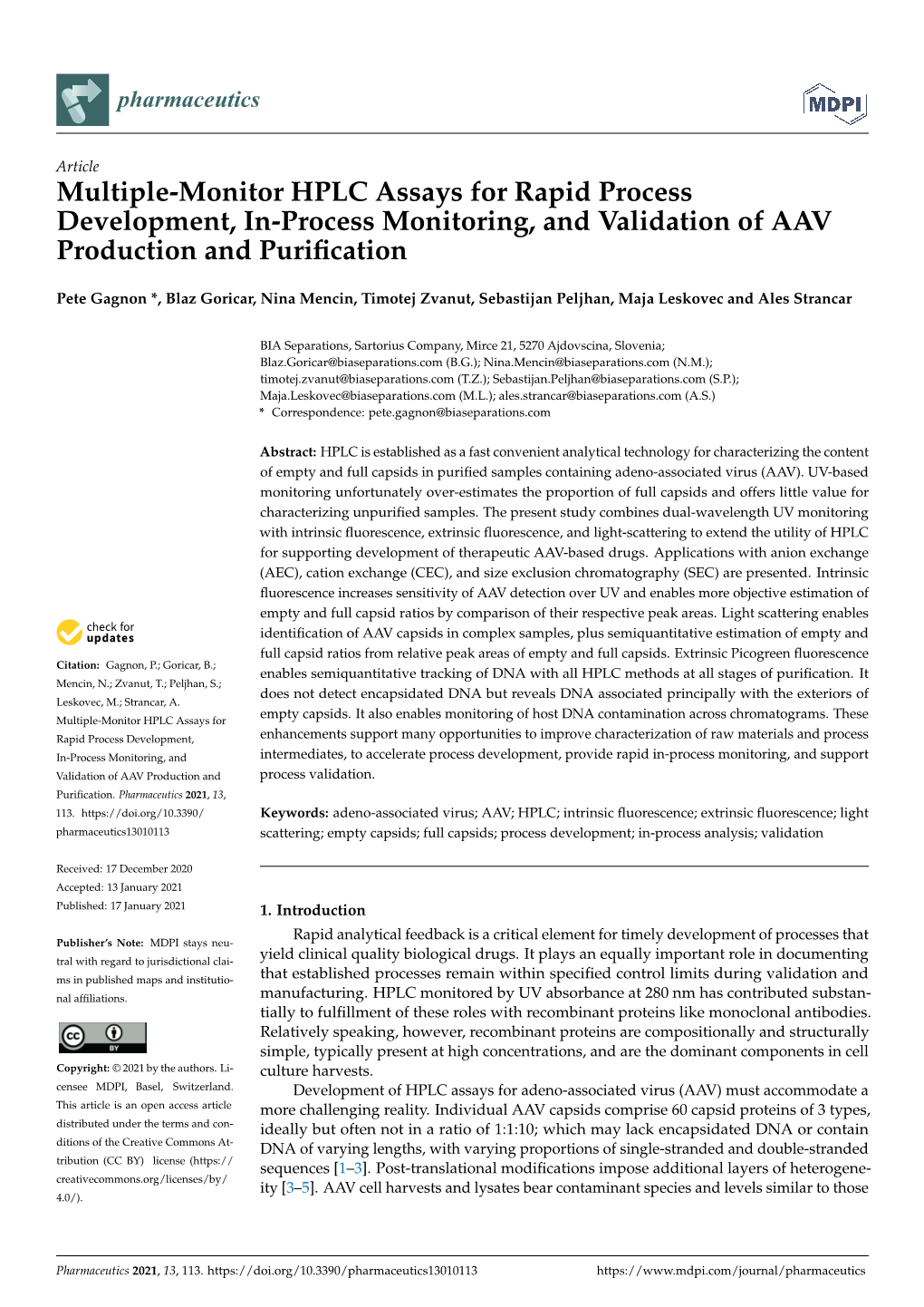 Multiple-Monitor HPLC Assays for Rapid Process Development, In-Process Monitoring, and Validation of AAV Production and Puriﬁcation