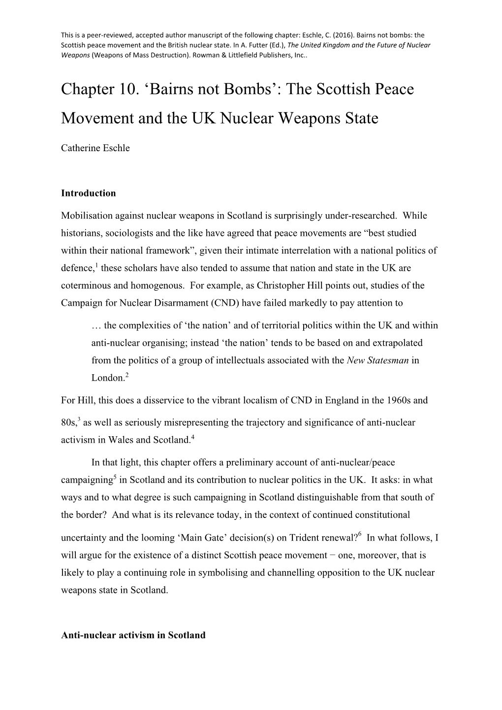 Bairns Not Bombs: the Scottish Peace Movement and the British Nuclear State