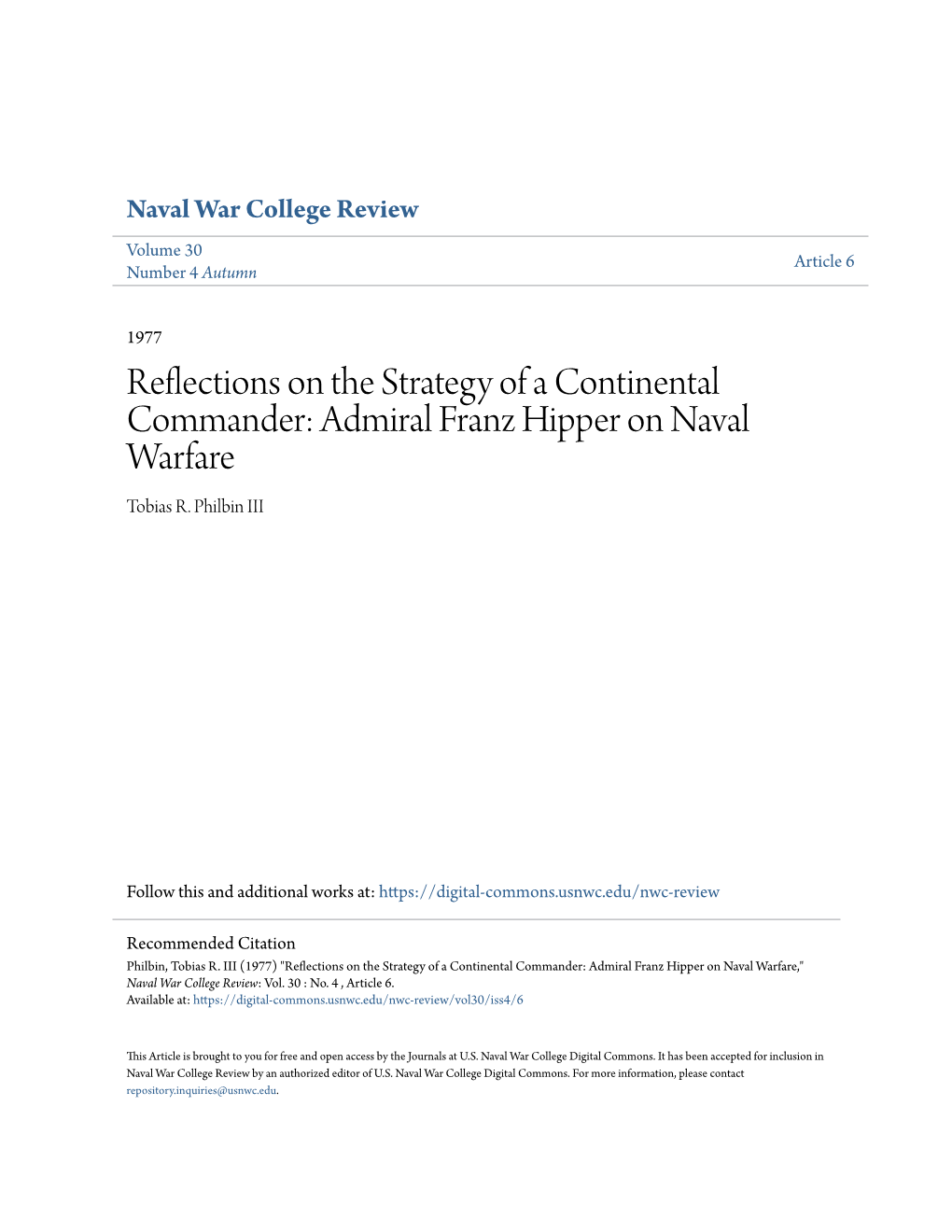 Reflections on the Strategy of a Continental Commander: Admiral Franz Hipper on Naval Warfare Tobias R