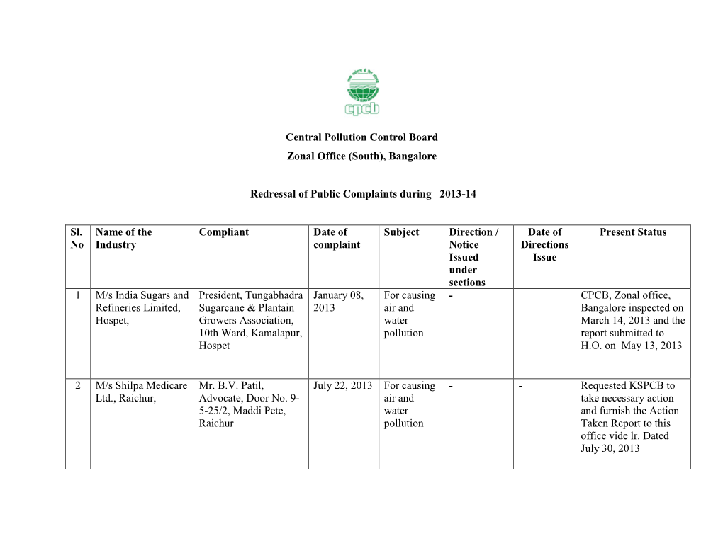 Central Pollution Control Board Zonal Office (South), Bangalore