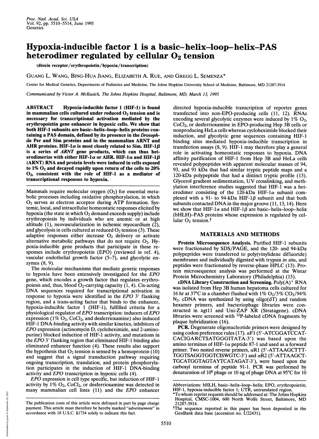 Hypoxia-Inducible Factor1 Is a Basic-Helix-Loop-Helix-PAS