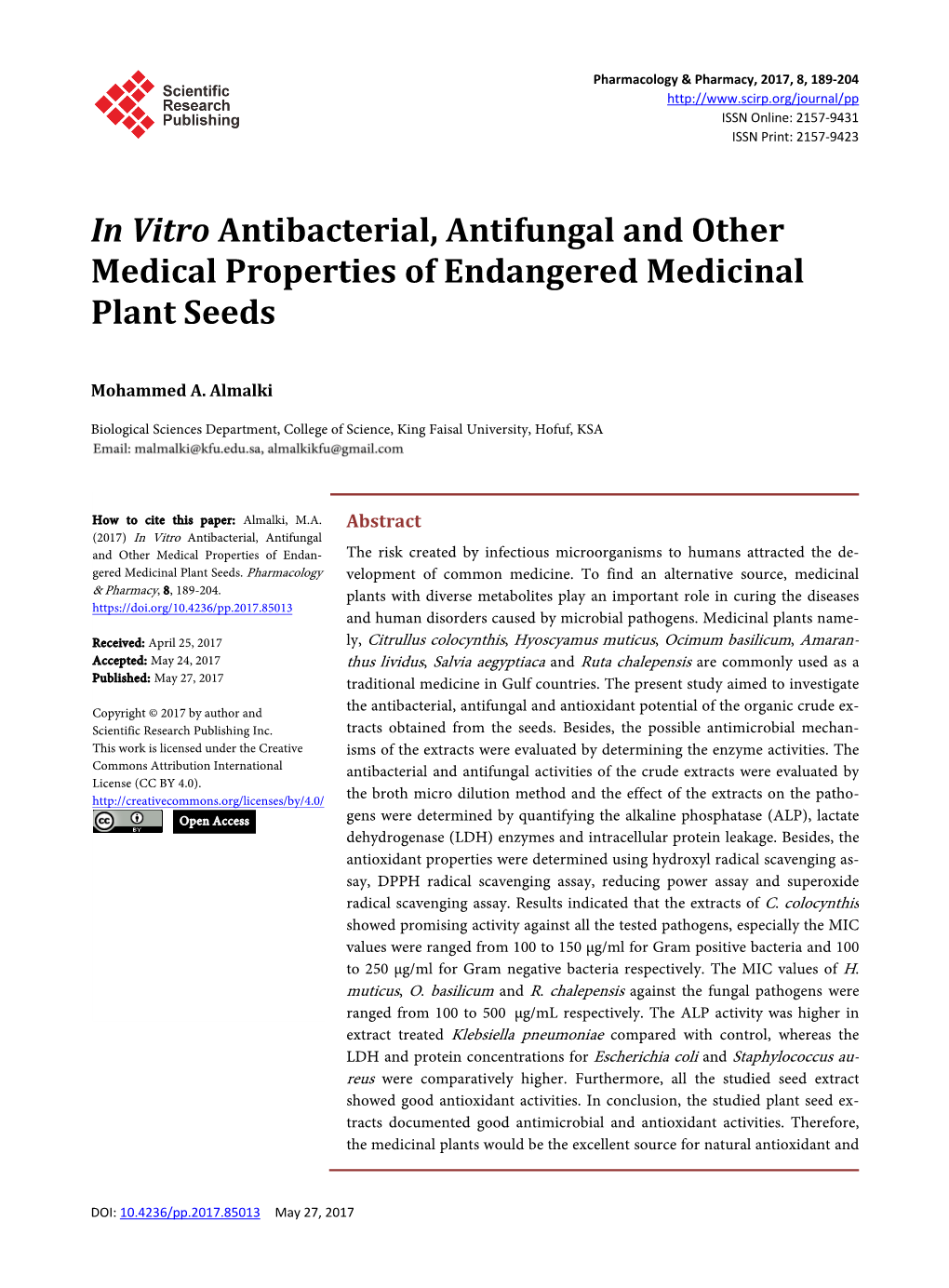 In Vitro Antibacterial, Antifungal and Other Medical Properties of Endangered Medicinal Plant Seeds