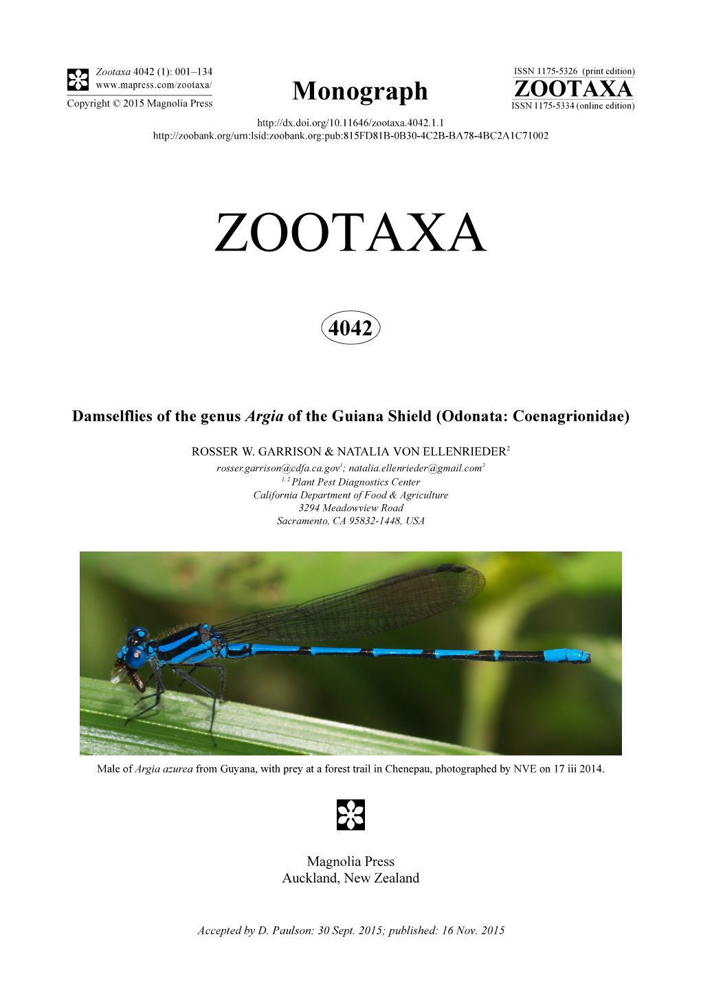 Damselflies of the Genus Argia of the Guiana Shield (Odonata: Coenagrionidae)