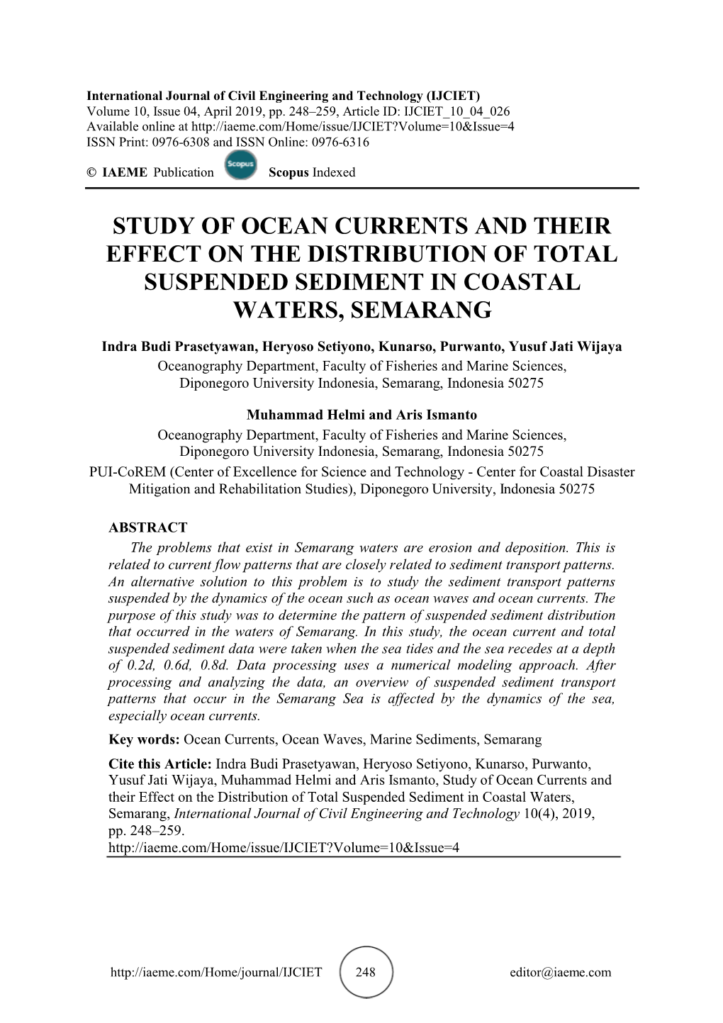 Study of Ocean Currents and Their Effect on the Distribution of Total Suspended Sediment in Coastal Waters, Semarang