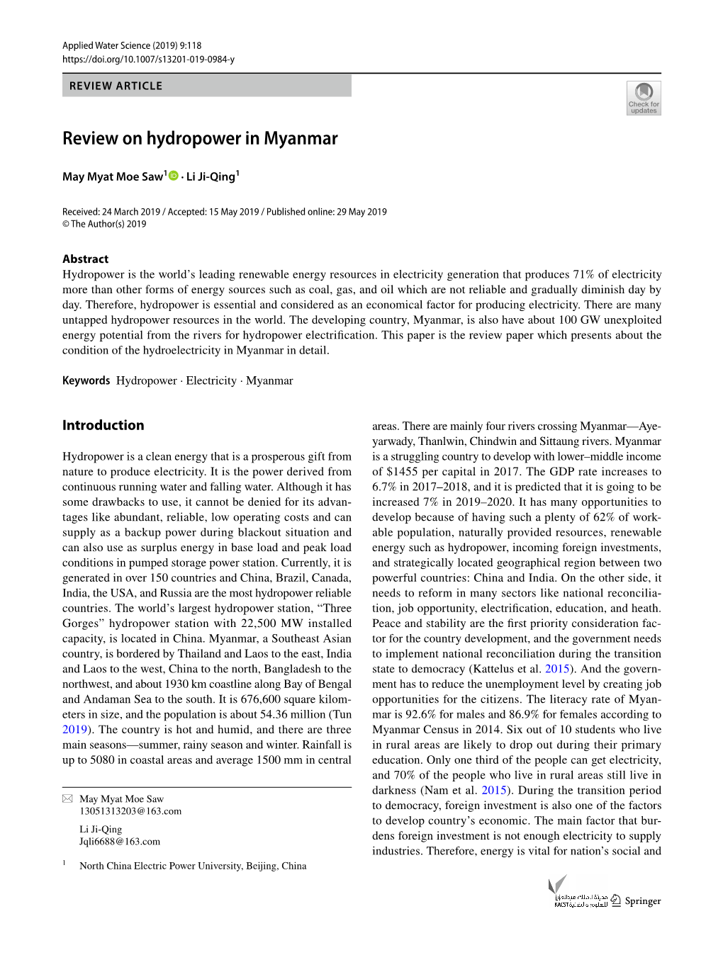 Review on Hydropower in Myanmar