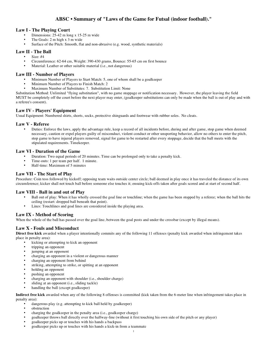 Laws of the Game for Futsal (Indoor Football)."