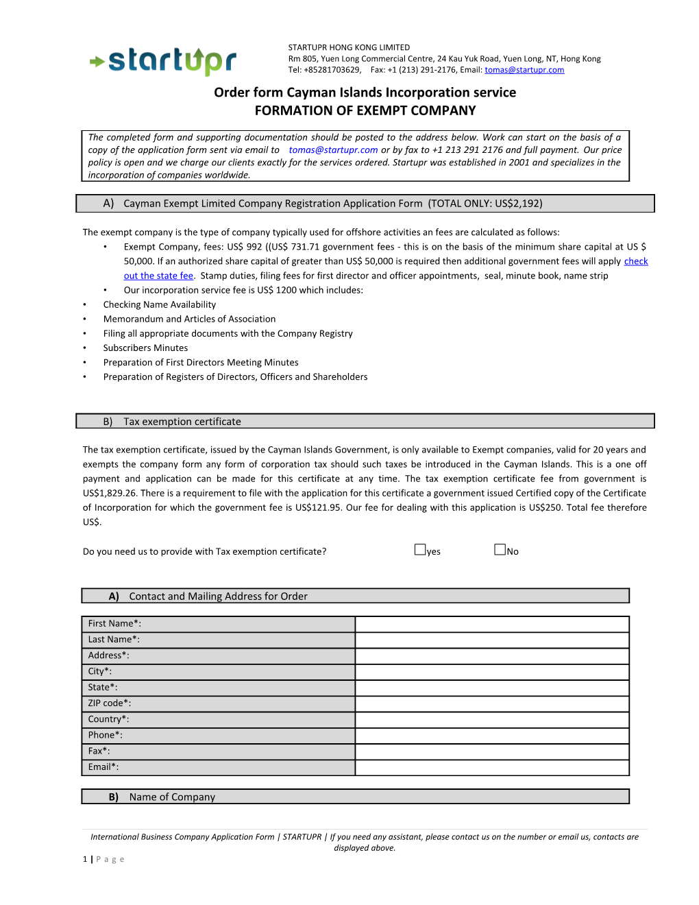 Order Form Cayman Islands Incorporation Service