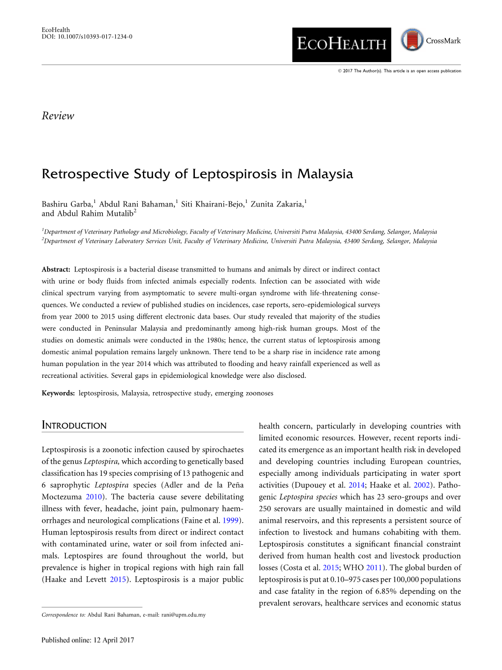 Retrospective Study of Leptospirosis in Malaysia