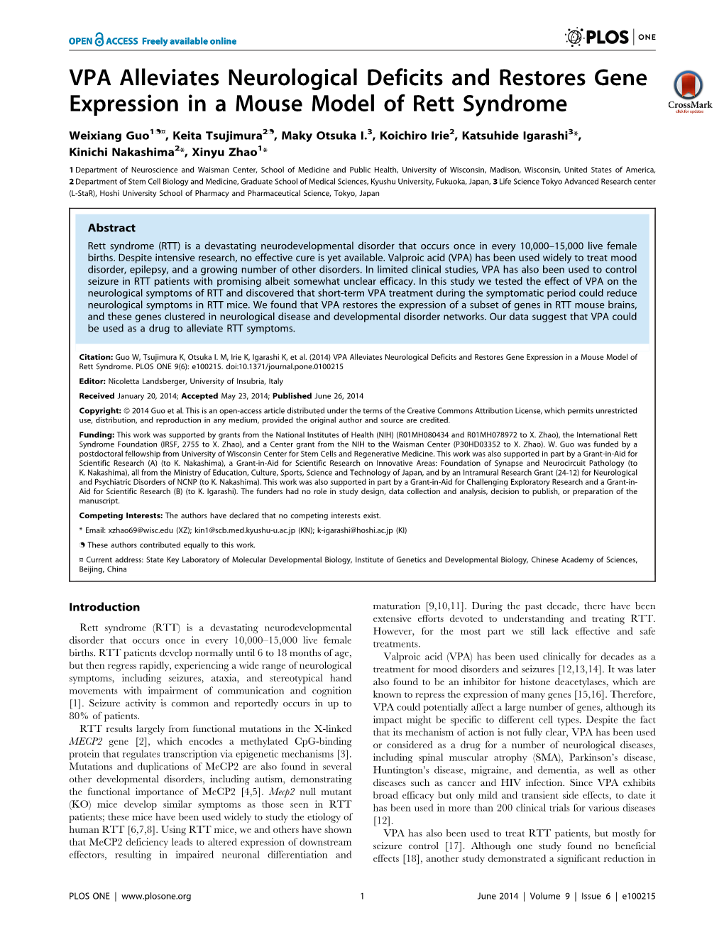 VPA Alleviates Neurological Deficits and Restores Gene Expression in a Mouse Model of Rett Syndrome