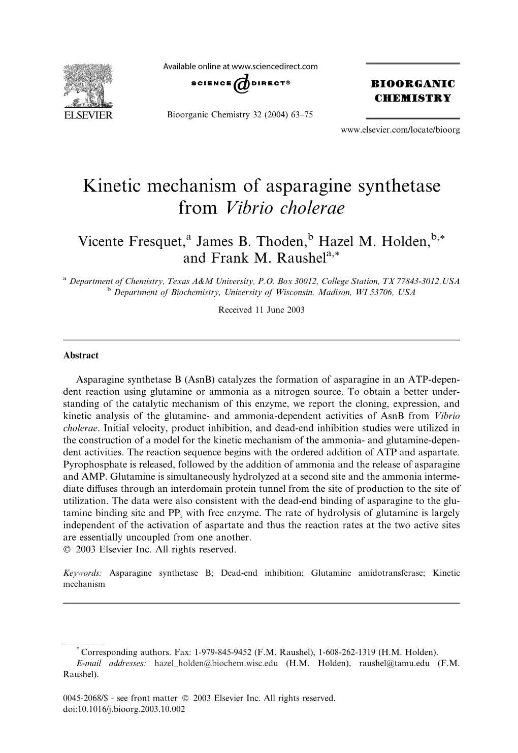 Kinetic Mechanism of Asparagine Synthetase from Vibrio Cholerae