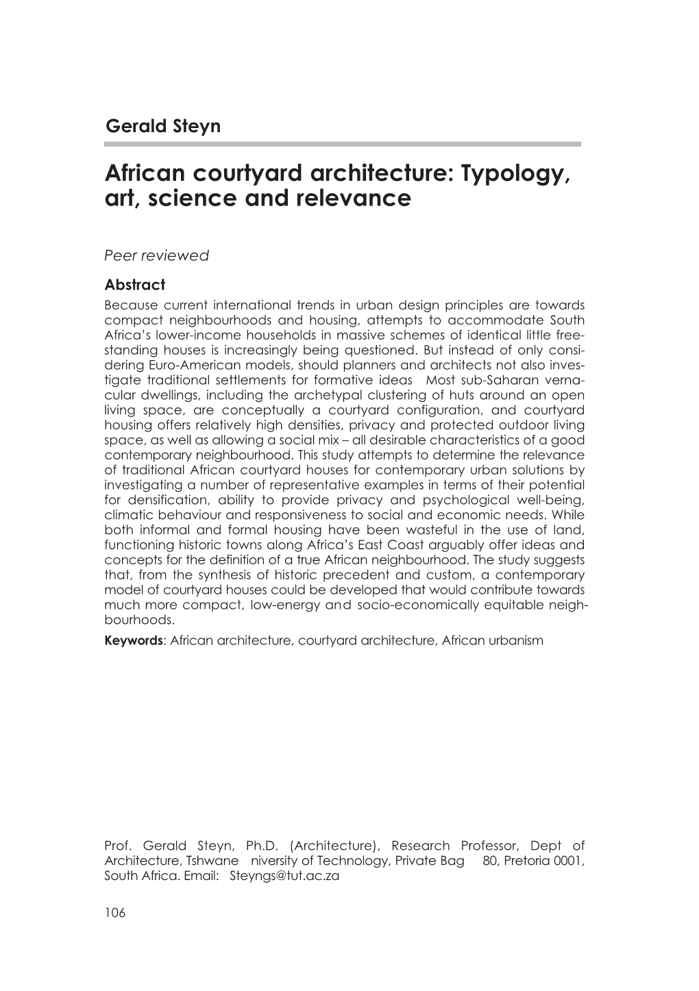 African Courtyard Architecture: Typology, Art, Science and Relevance