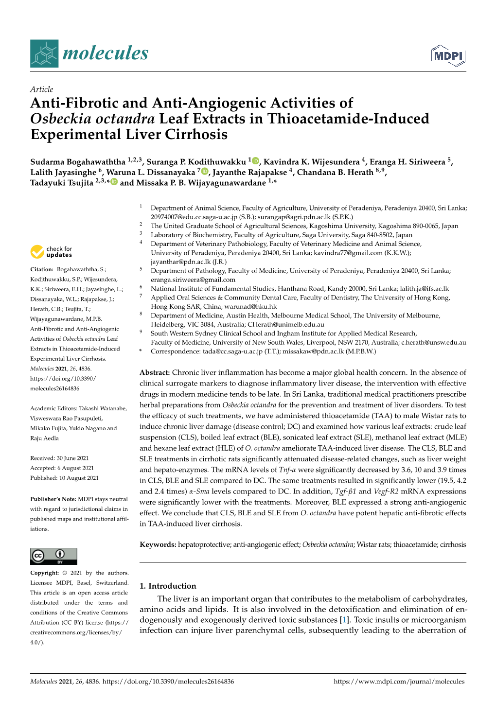 Anti-Fibrotic and Anti-Angiogenic Activities of Osbeckia Octandra Leaf Extracts in Thioacetamide-Induced Experimental Liver Cirrhosis