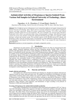 Antimicrobial Activities of Streptomyces Species Isolated from Various Soil Samples in Federal University of Technology, Akure Environment