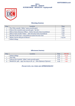 September 2018 Bus 1 Driver – Sohan Supervisor – Rogelyn - 0556521098