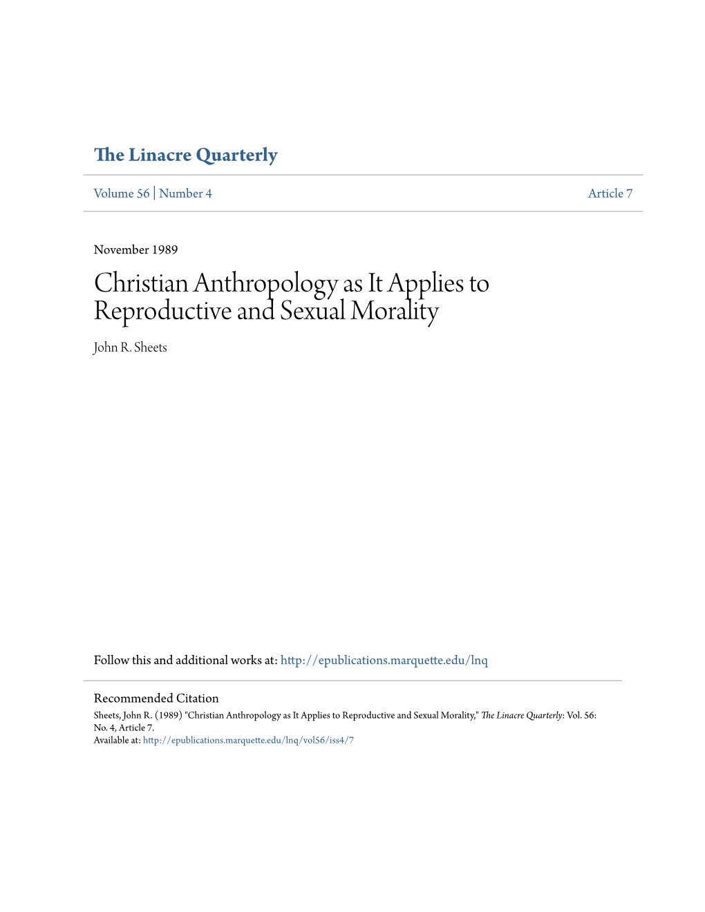 Christian Anthropology As It Applies to Reproductive and Sexual Morality John R