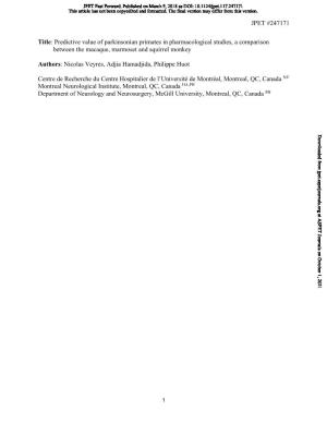 Predictive Value of Parkinsonian Primates in Pharmacological Studies, a Comparison Between the Macaque, Marmoset and Squirrel Monkey I