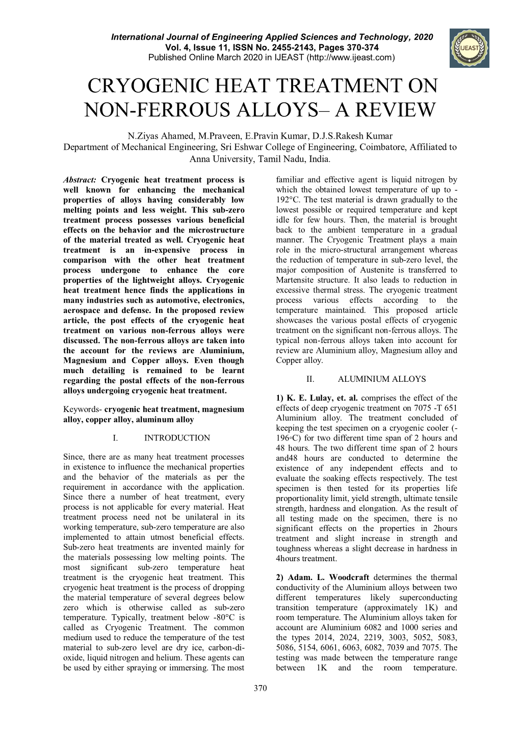 Cryogenic Heat Treatment on Non-Ferrous Alloys– a Review