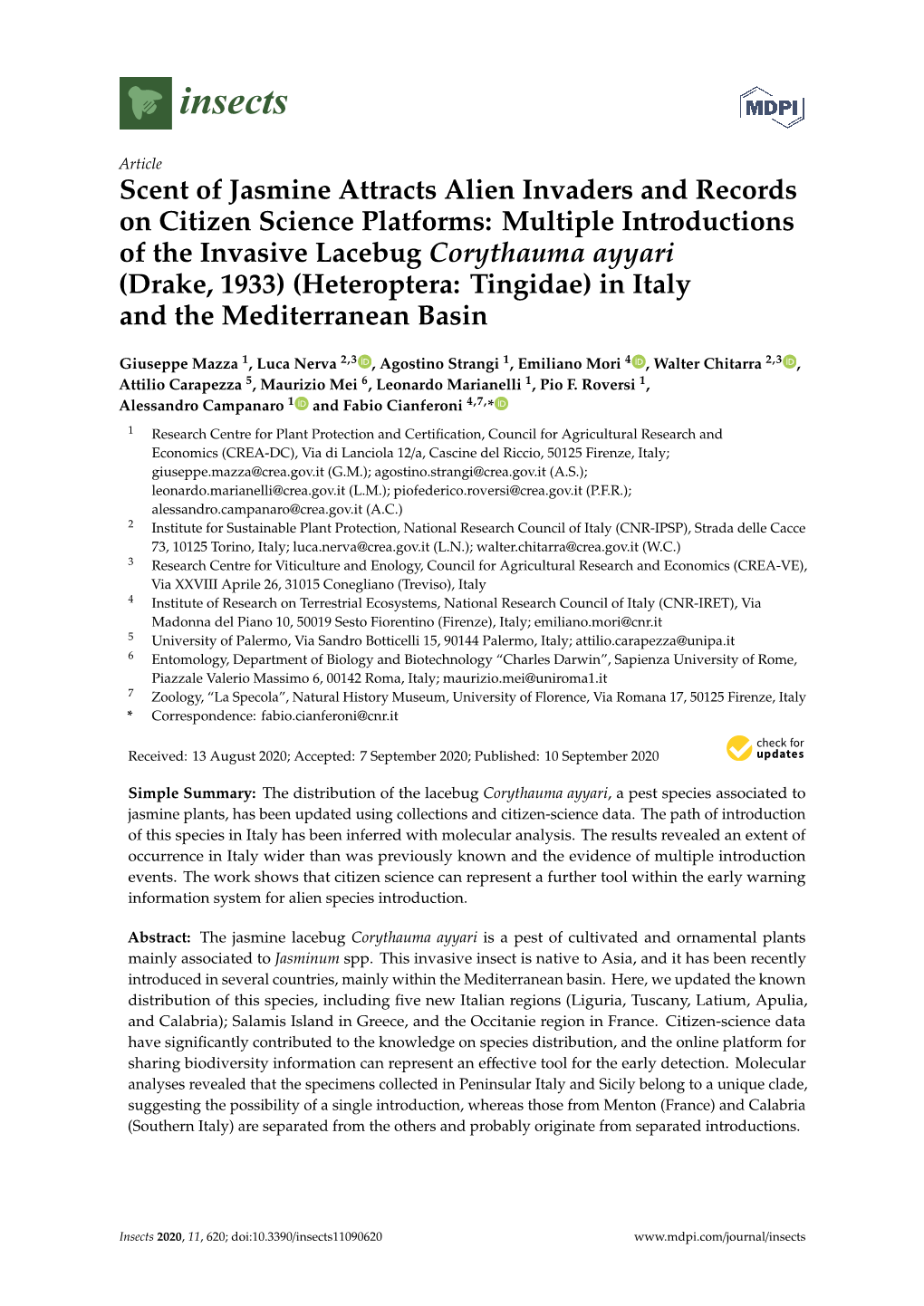 Scent of Jasmine Attracts Alien Invaders and Records on Citizen Science Platforms: Multiple Introductions of the Invasive Lacebug Corythauma Ayyari (Drake, 1933)(Heteroptera