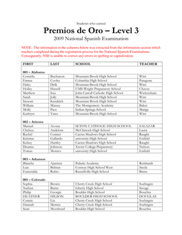 Premios De Oro – Level 3 2009 National Spanish Examination
